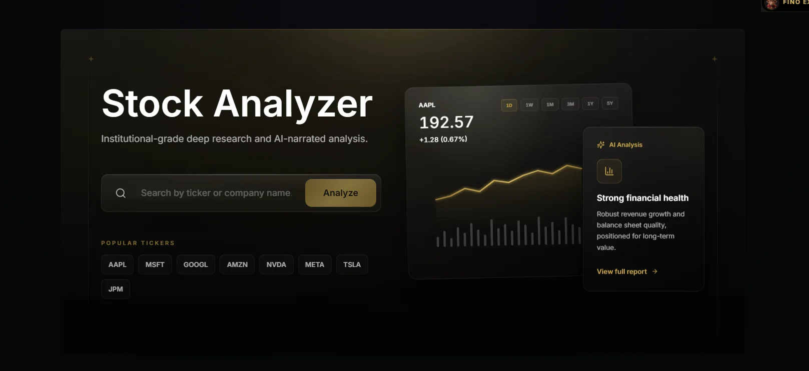 Stock Analyzer search screen showing an AAPL chart and AI analysis card